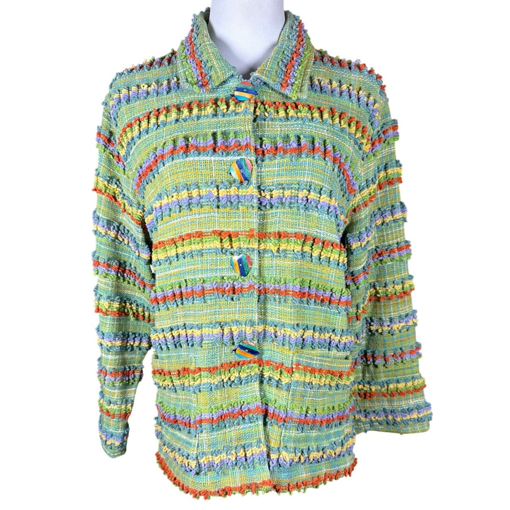 Anu By Natura Womens Large Cotton Textured Stripe Button Front Jacket Green‎